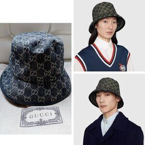 Gucci Denim Bucket Hat Black GG Monogram Washed Jacquard Leather brim Size M